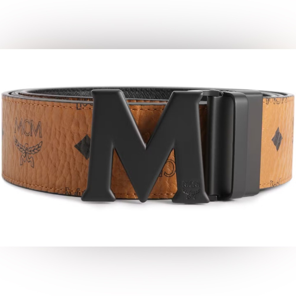 MCM Cognac and Black Logo Buckle Belt